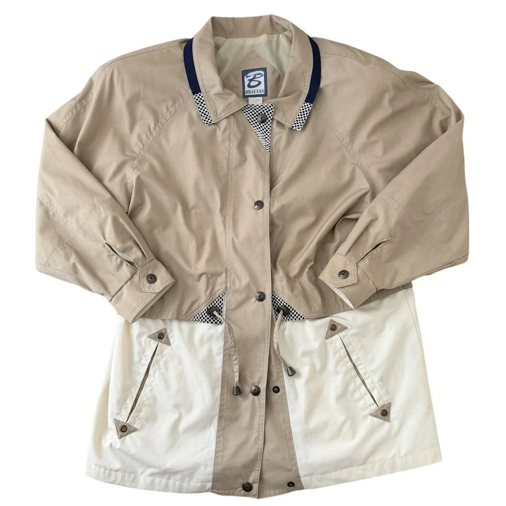 Vintage Womens Two Tone Utility Barn Jacket‎ Size M Tan Cream Drawstring 90s